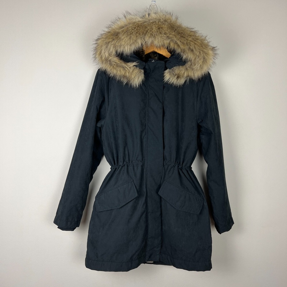 Abercrombie & Fitch Parka Jacket Womens Small Black Faux Fur Lined Hooded Winter
